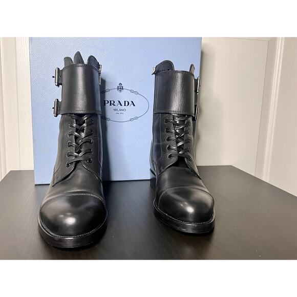 Authenic Rare Prada Calzature Donna Moto Ankle Nero Leather Boots 39 - Picture 1 of 5